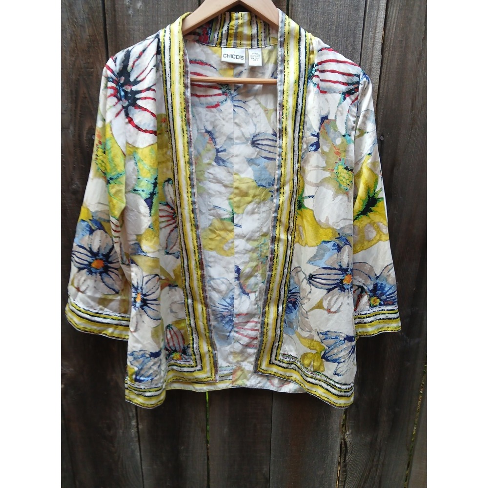 Chicos SZ 1 USโ M Silk Blend Open Front Watercolor Art Floral Print Cardigan